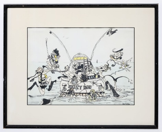 "Salty Dog" Nautical Cartoon Scene, Ink and mixed media on paper