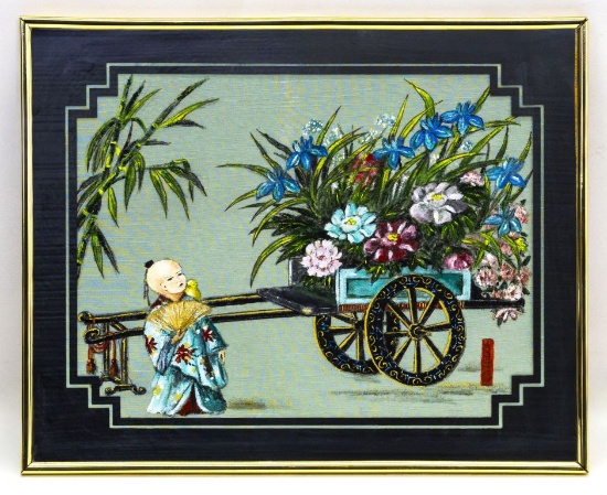 Takeshita Kin'u (Japanese, 1930-1950), Floral Cart with Child, Acrylic on fabric