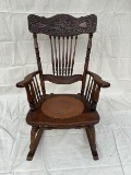 Antique Oak and Embossed Leather Rocking Chair