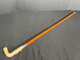 Antique Wood, Ivory and Sterling Silver Cane With Carved Fox Handle