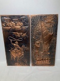 Pair Mid Century Modern Pressed Copper Wall Plaques Cowboy and Sailer