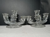 Pair of Fostoria Etched Glass 3 Stick Candelabra