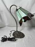 Vintage Table Lamp With Stained Glass Shade And Floral Base