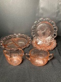 Vintage Anchor Hocking Pink Old Colony Open Lace Plates and Sugar and Creamer