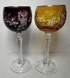 Two Cut To Clear Wine Hocks Amethyst and Amber