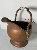 Antique Copper Coal Skuttle With Blue And White Porcelain Handle