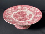 Woods Ware English Scenery Red And White Footed Cake Plate