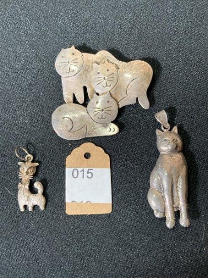 3 Sterling Silver Cats MARKED