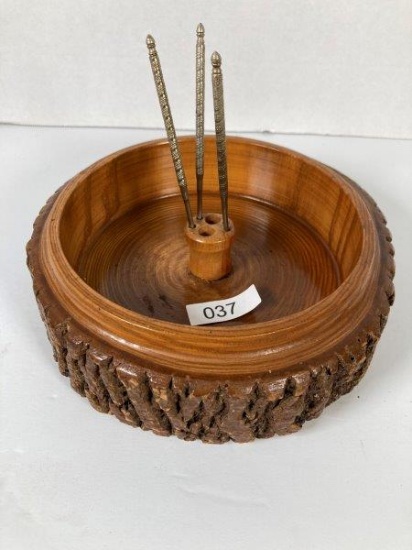 Vintage Carved Wood Nut Dish with Picks
