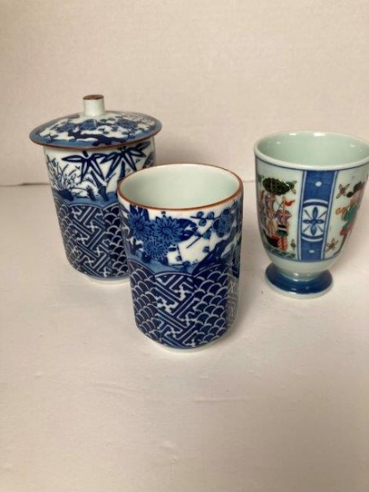 3 Pieces of Blue and White Japanese Vases one with Lid