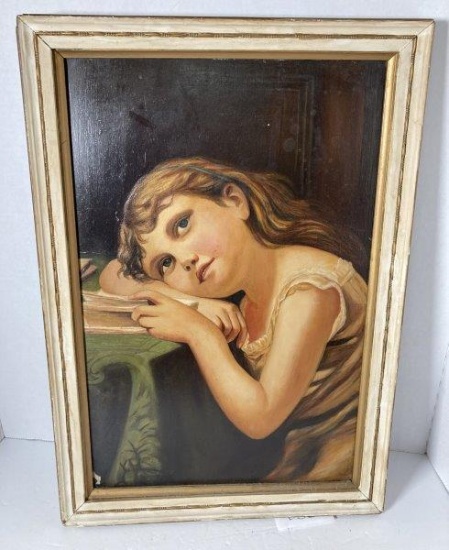 Antique Oil On Board Portrait Of Young Girl