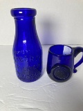 2 Piece Cobalt Glass- Liberty Milk Co. NY Bottle & Colonial Capital Mug