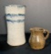 Alkaline Glazed Vase with Cobalt Decoration and Small Pottery Pitcher
