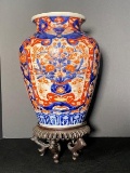 Antique Large Imari Vase with Carved Wood Stand