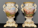 Pair of High Quality Hand Painted and Gilt German Porcelain Vases