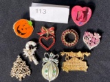 Lot of 9 Vintage Holiday Pins