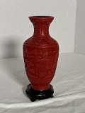 Vintage Carved Cinnabar Vase With Stand