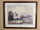Vintage Equestrian Print of Hunter On White Horse with Dogs
