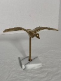 Brass Goose in Flight Sculpture on Marble Base
