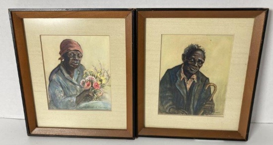 2 Black Americana Prints By Elizabeth O'Neill Verner-"Flower Vender" & "Old Joe"