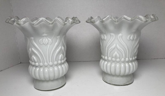 2 Vintage Czech White Milk Glass Blown Vase With Ruffle Edge
