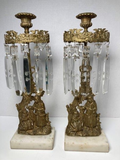 2 Antique French Girandole Gilt Metal On Marble Candlesticks