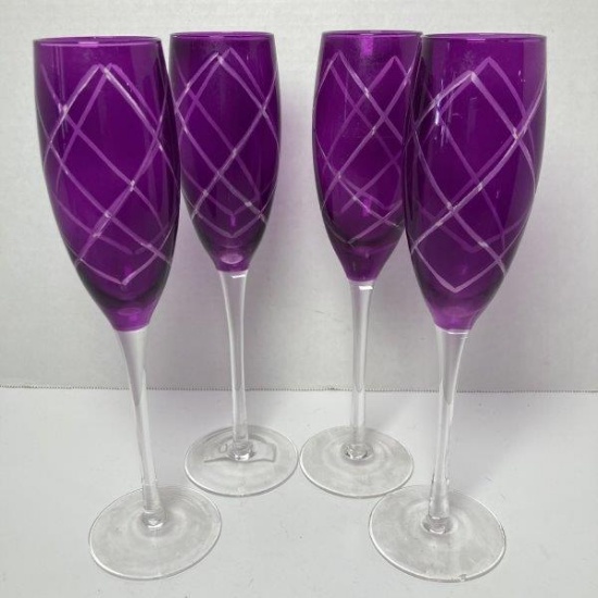 4 Diamond Etched Amethyst Champagne Flutes