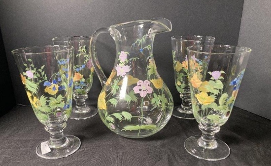 Oneida Hand Painted Floral Pitcher With 4 Serving Glasses