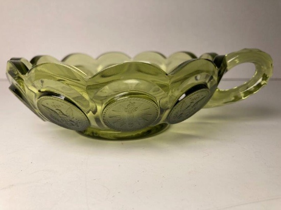 Vintage Fostoria Green Glass Handled Bowl With Eagles and Torches
