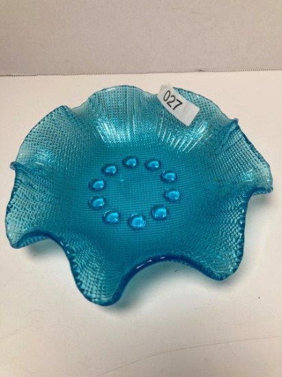 Mid Century Modern Blue Glass Ruffled Bowl