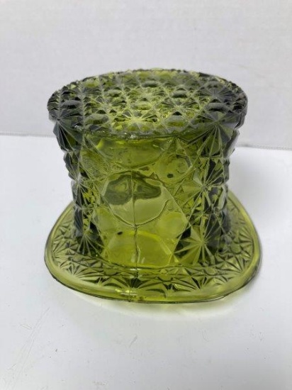 Vintage Fenton Daisy Button Green Glass Top Hat