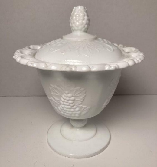 Vintage Indiana Milk Glass Harvest Grape Covered Pedestal Dish