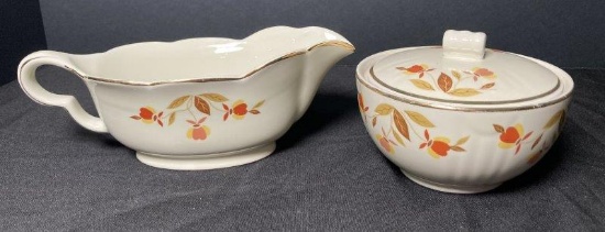 Vintage Hall Jewel Autumn Leaf Gravy Boat & Covered Sugar