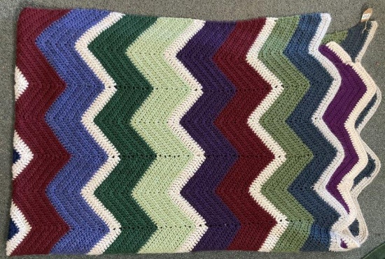 Vintage Hand Crocheted Multicolor Striped Throw