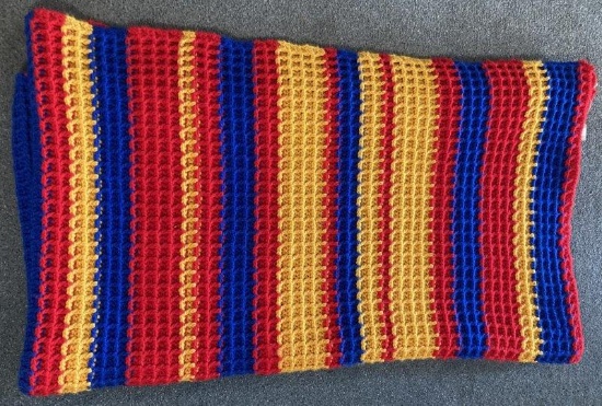 Vintage Hand Crocheted Yellow, Red, and Blue Striped Throw