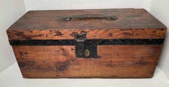 Antique Wooden Tool Box With Leather Top Handle