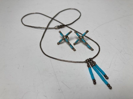 Native American Sterling & Turquoise Necklace and Cross Earrings Set