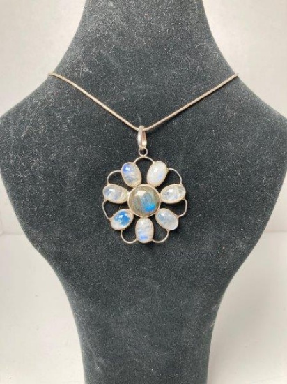 Sterling Flower Pendant With Labradorite and Moonstone And Sterling Necklace