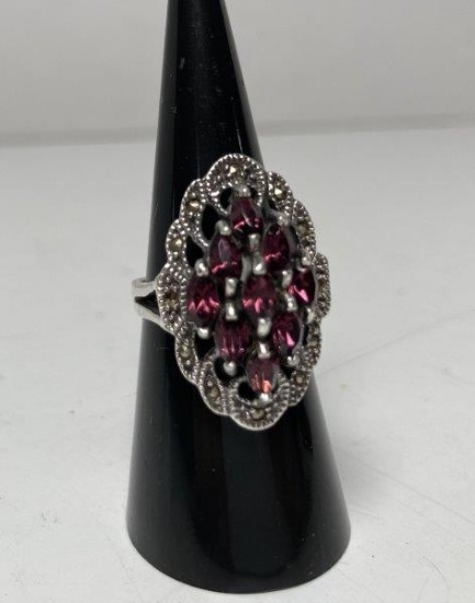Vintage Marcasite & Amethyst Sterling Silver Ring Size 7