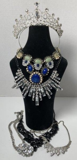 Box Lot of Costume Jewelry With Silver Toned Tiara and More