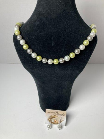 Glass or Cultured Freshwater Pearl Necklace and Earrings
