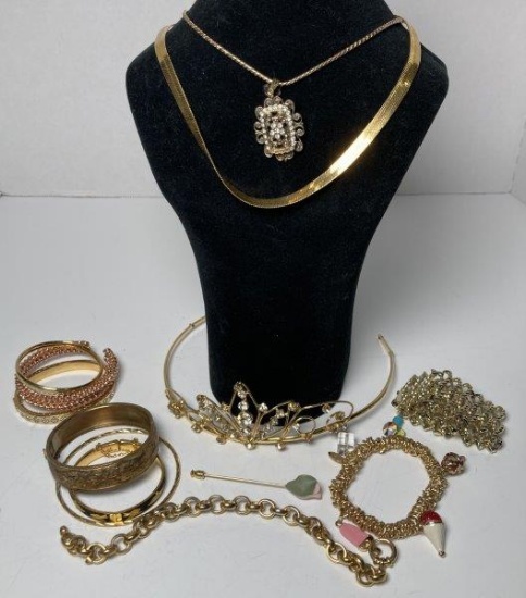 Box Lot of Gold Toned Costume Jewelry With Tiara and More