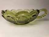 Vintage Fostoria Green Glass Handled Bowl With Eagles and Torches