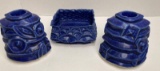 3 Piece Blue Ceramic Trinket Tray and Candlesticks SIGNED