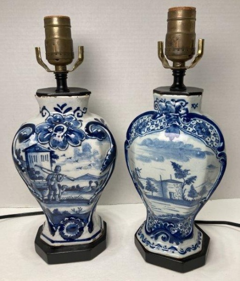 Two Delft Garniture Vase Lamps