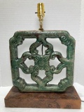 Green Glaze Terracotta Lamp on Burled Wood Base