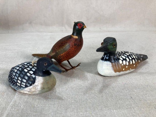 Three Carved Polychrome Wooden Birds