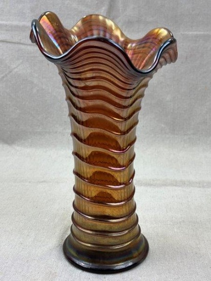 Carnival Glass Fluted Vase in Amber