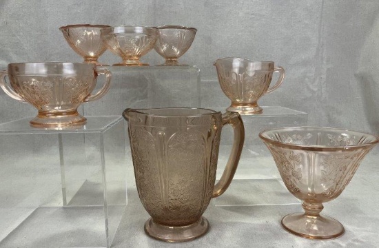 Collection of Seven Pink Depression Glassware Pieces