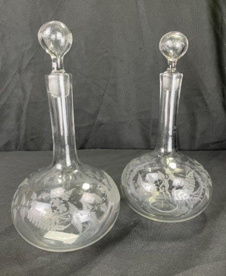 Pair of Fine Etched Glass Decanters